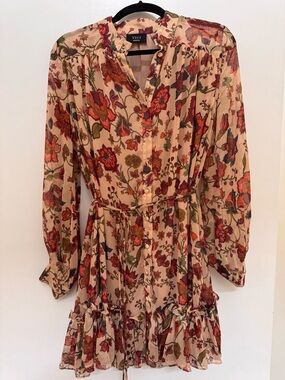VICI Beige Floral Button-Front Long-Sleeve Tie-Waist Dress